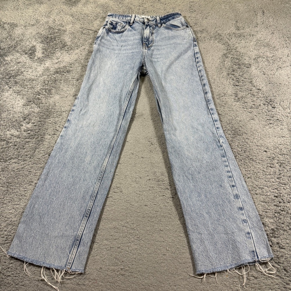 Zara Womens Wide Leg High Rise Jeans Size 2 Light Wash Blue Raw Frayed Hem Denim